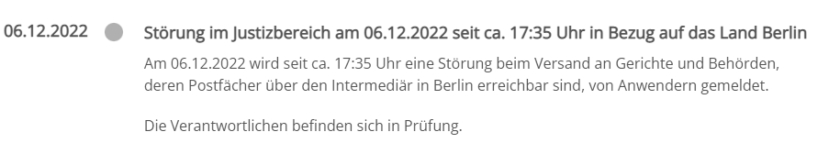 Hinweis auf Störung des beA