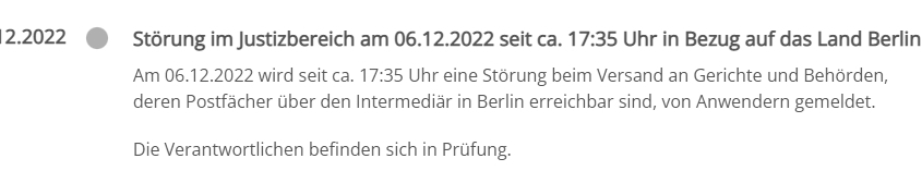 Hinweis auf Störung des beA